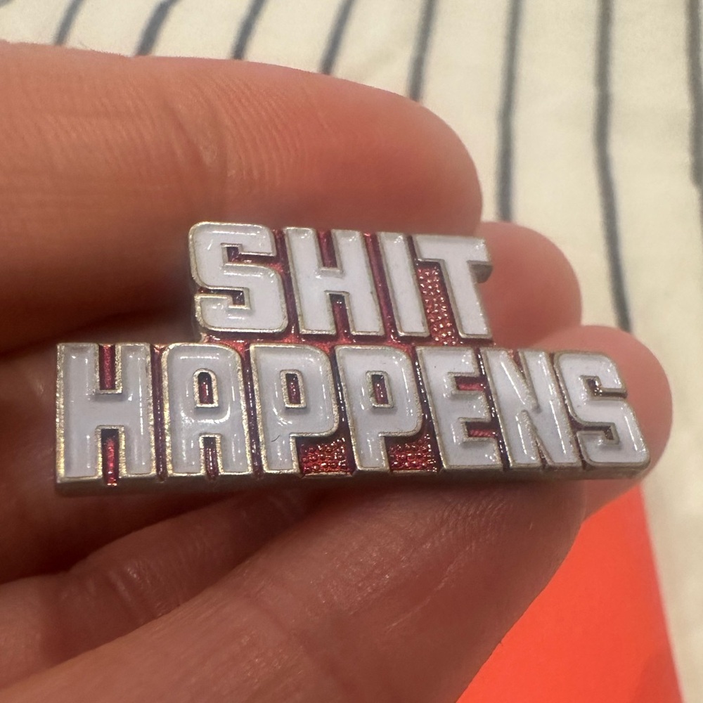 Vintage White and Red "SHIT HAPPENS" Enamel Brooch
